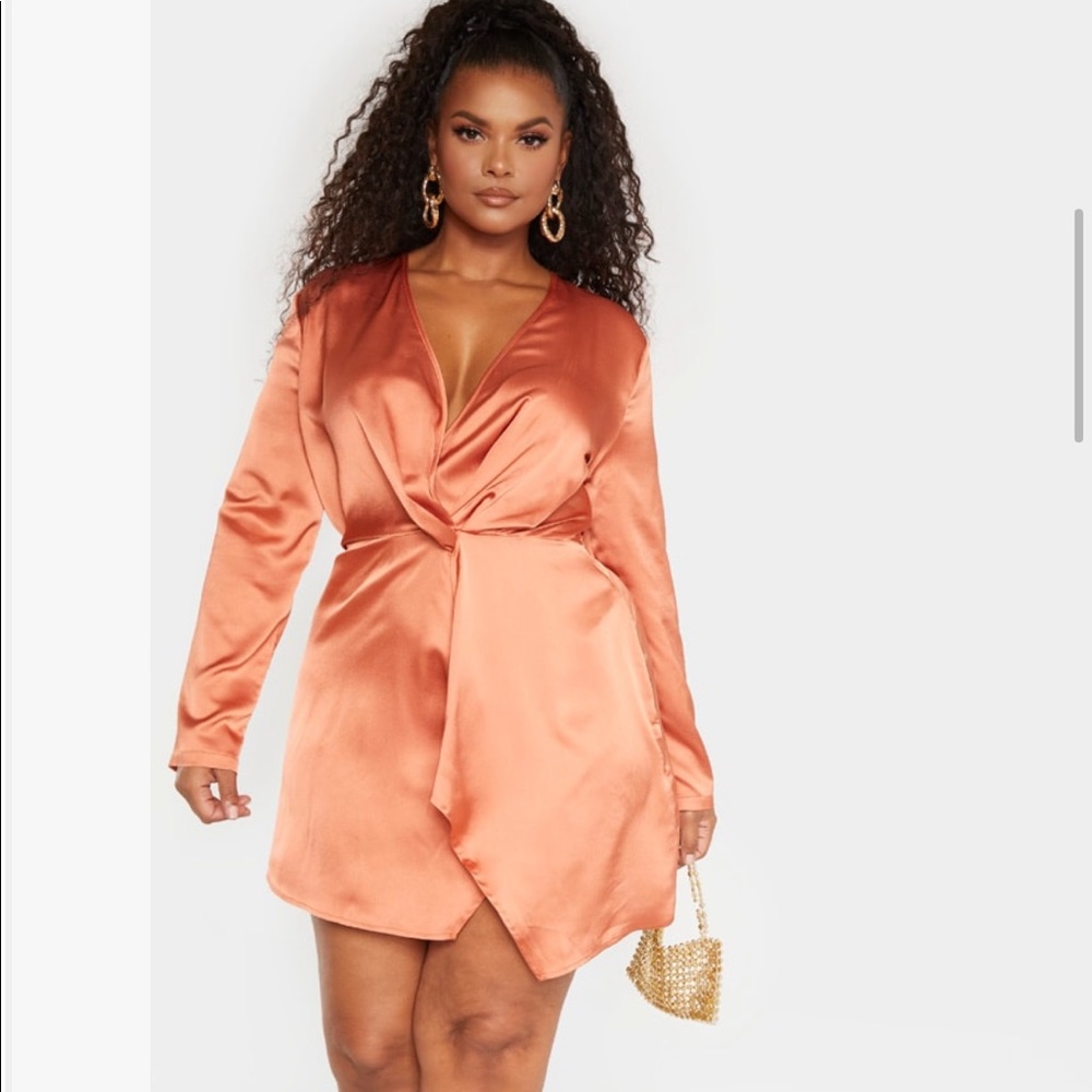 Rust long sleeve satin wrap dress